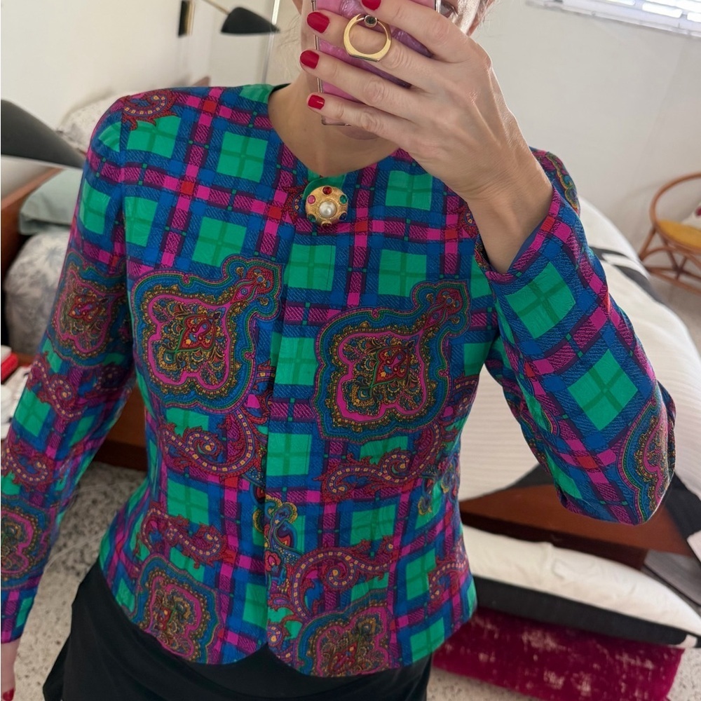 Vintage Anne Crimmins for Umi Collections 100% silk jewel jacket blouse m